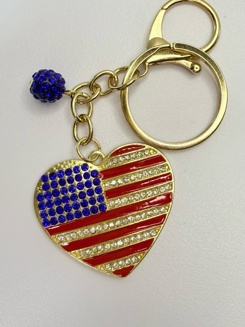 Patriotic Heart Keychain Card Holder - Gold Tone Red, Blue & White